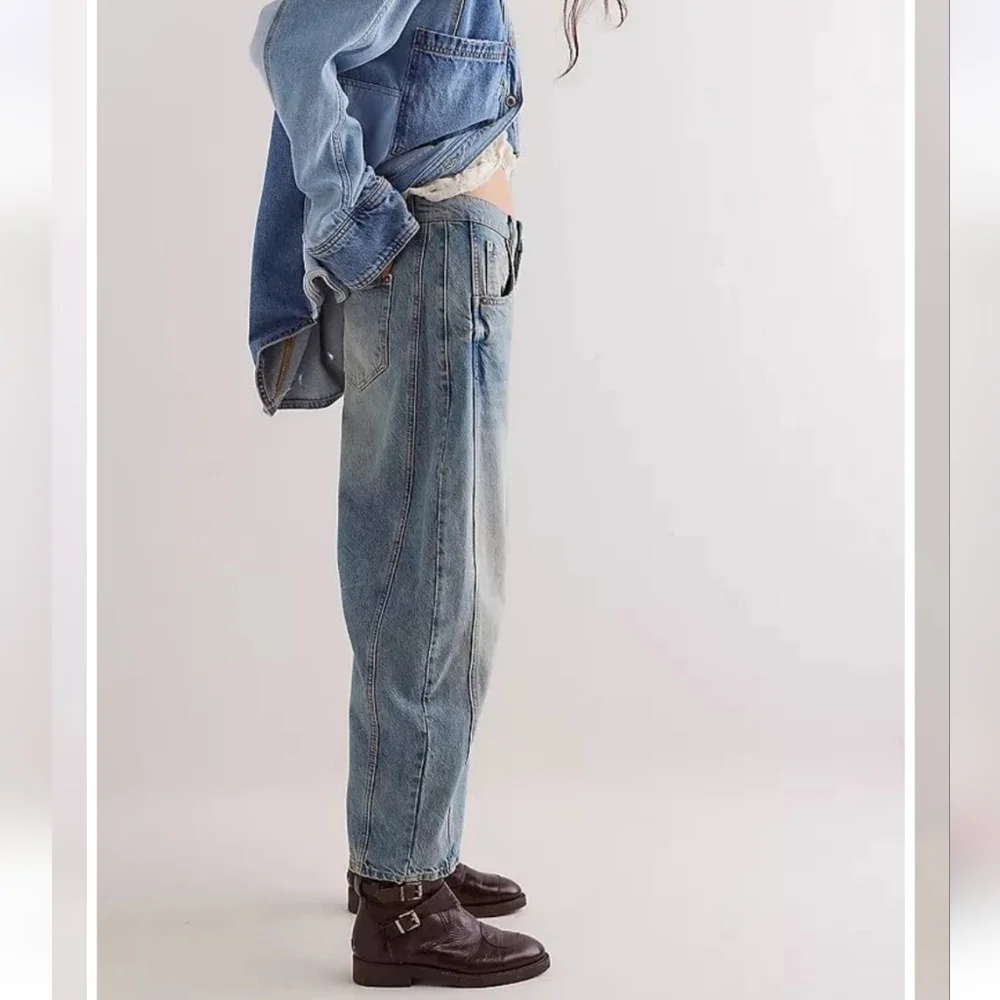 Free People Good Luck Barrel Jeans Mid Rise Distressed Relaxed Kismet 28 NWOT - Picture 6 of 15